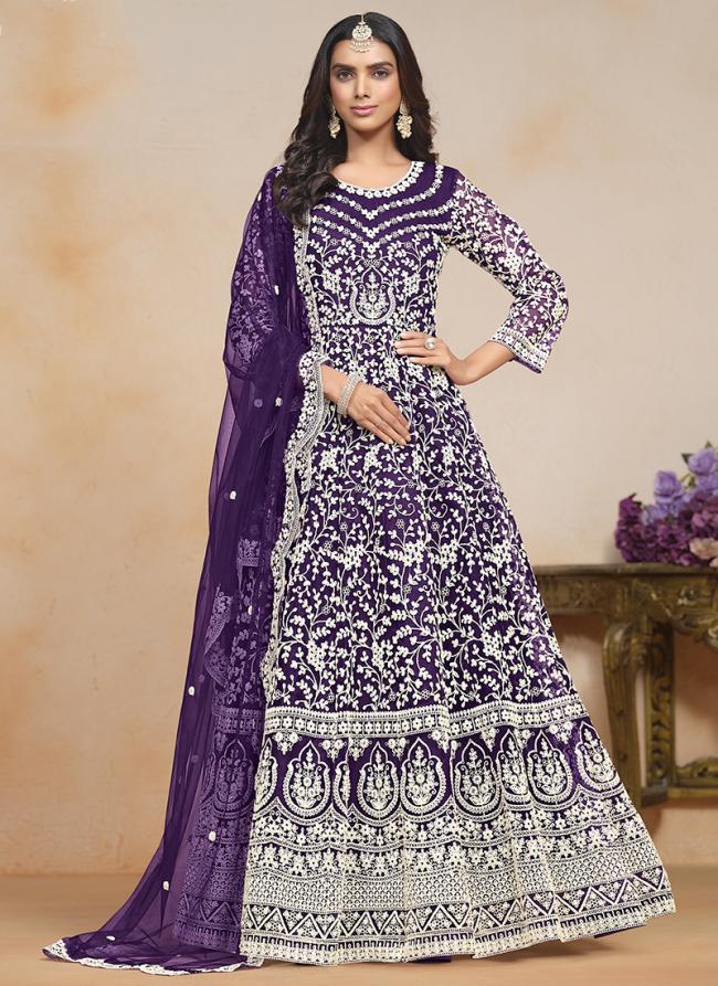 Net Purple Wedding Wear Embroidery Work Anarkali Suit